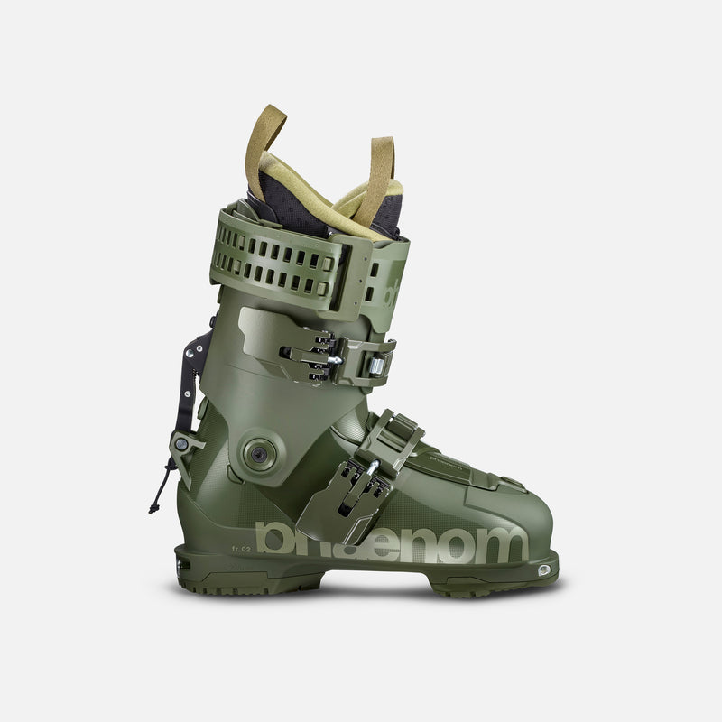 Green freeride and touring ski boot phaenom fr 110 side view shot