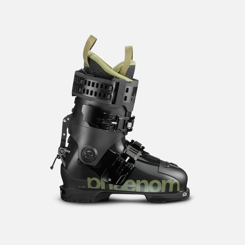 Black and green freeride and touring ski boots phaenom fr 110 on snow