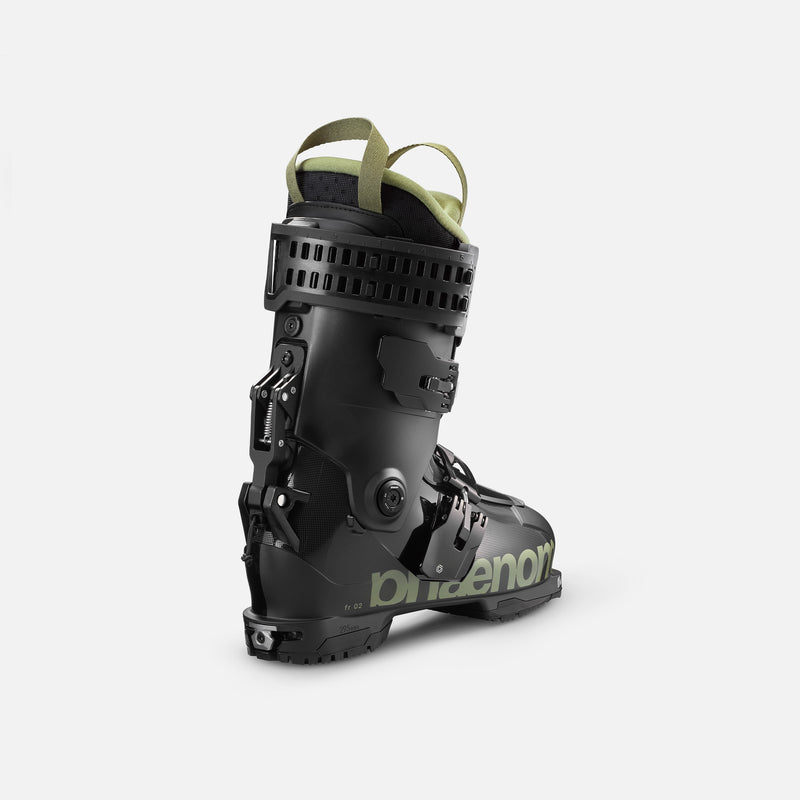 Black and green freeride and touring ski boot phaenom fr 110 back view shot
