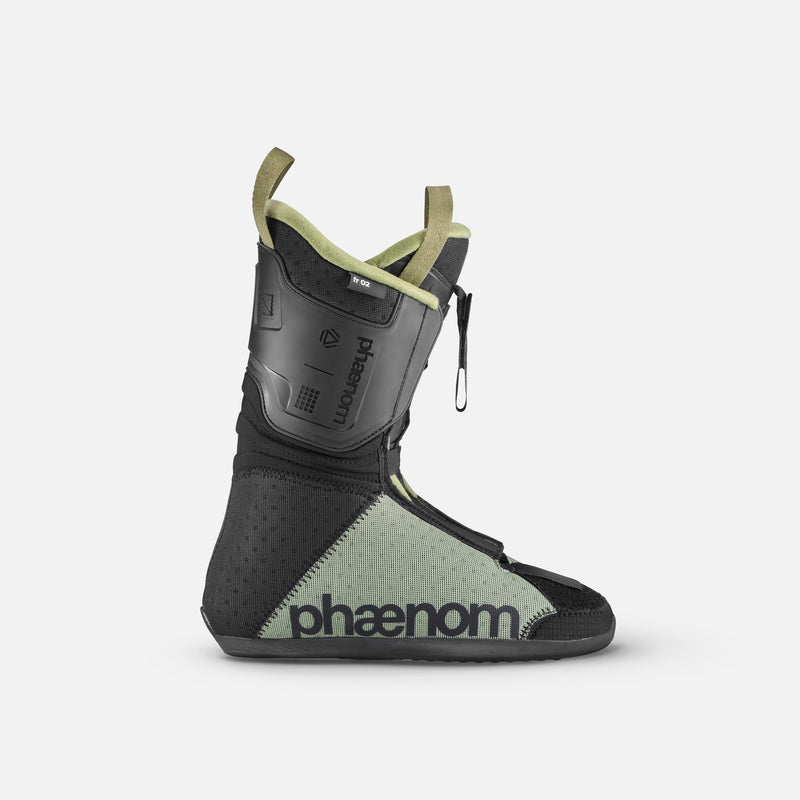 Green and black freeride and touring ski boot phaenom liner side view shot