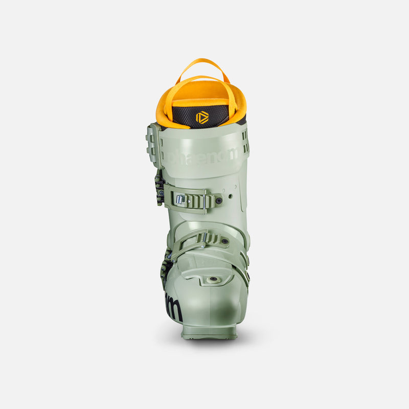 Green and yellow phaenom fs 02 110 ski freestyle all mountain piste boot front product shot