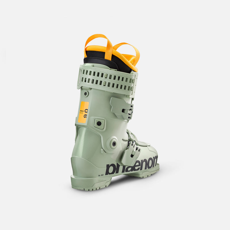 Green and yellow phaenom fs 02 110 ski freestyle all mountain piste boot back product shot